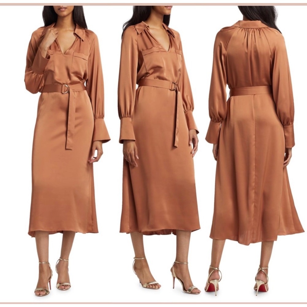 Ramy Brook Cecilia Dress Women Medium Saddle Brown Belted Satin Midi Chic Fall
